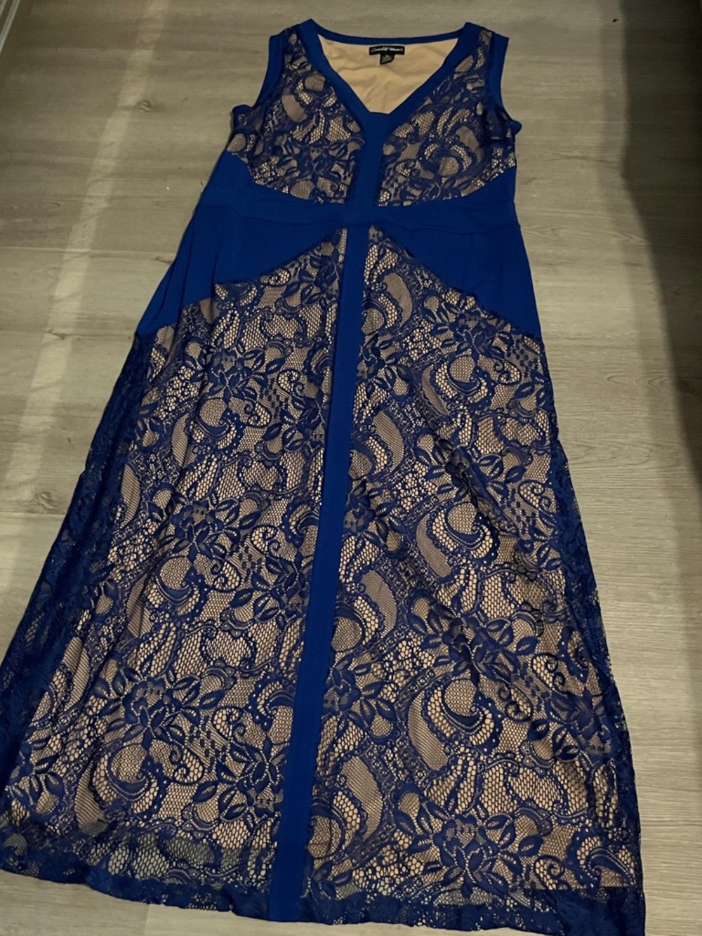 Blue Lace Panel V-Neck Dress